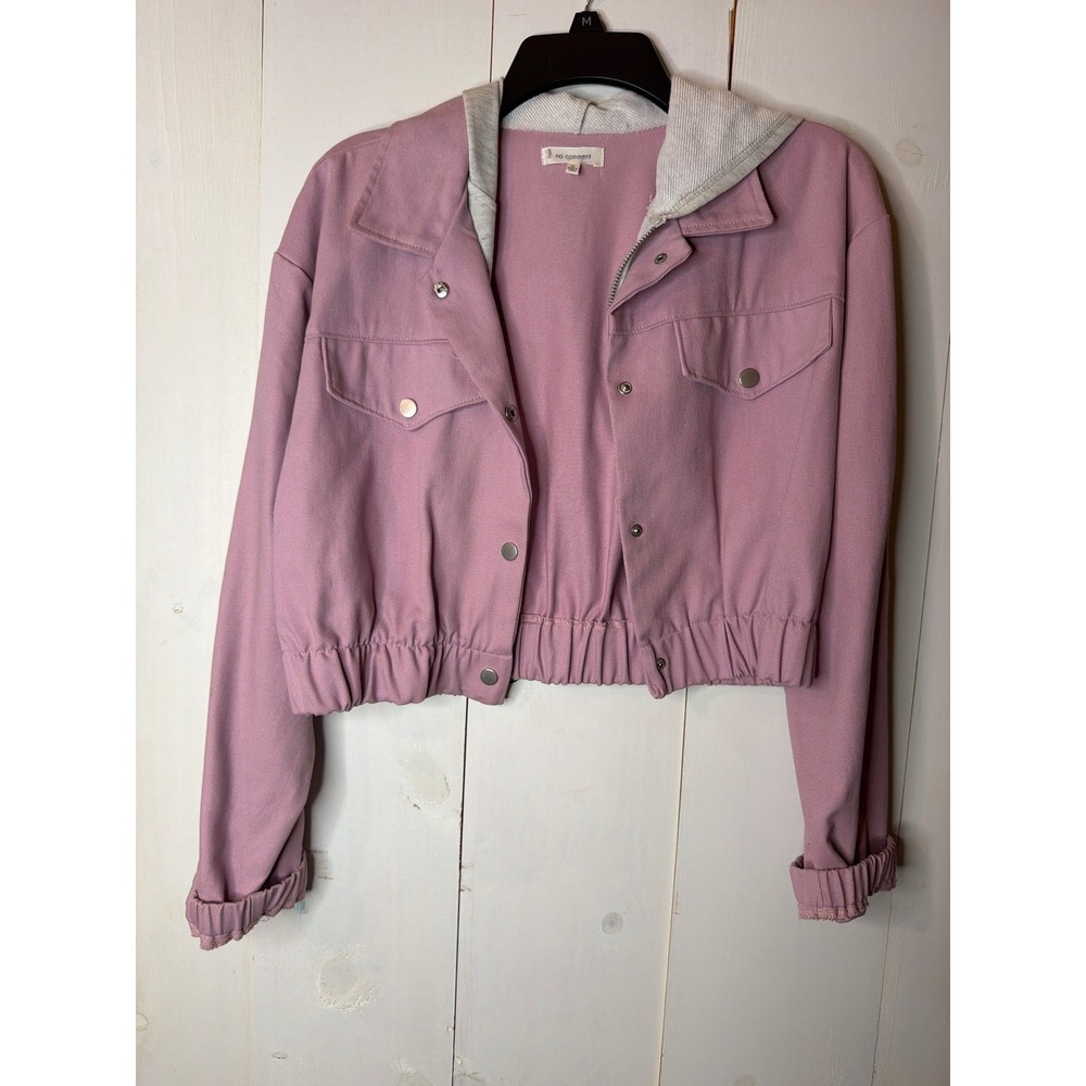 No Comment Womens Mauve Pink Cropped Hooded Denim Jacket Size Medium